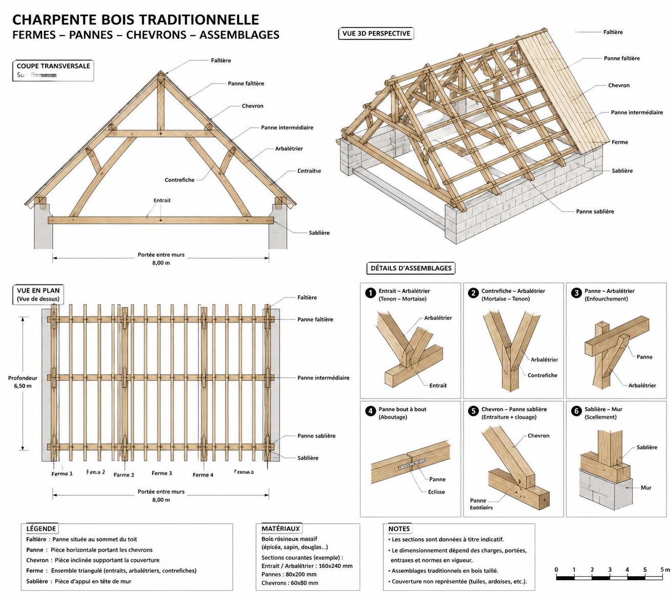 découvrez un schéma explicatif détaillé d’une charpente mettant en lumière les pannes, chevrons et différents types d’assemblages pour mieux comprendre cette structure essentielle.